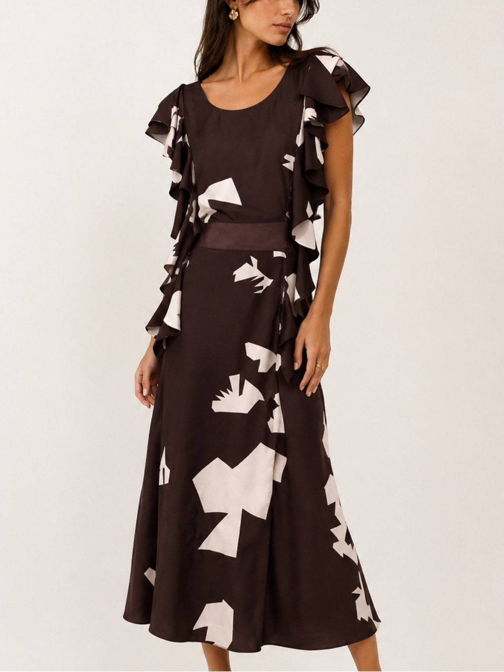 Oscar De La Renta Silk Brown & Ivory Print Midi Dress Fall 2011 (Size 8)